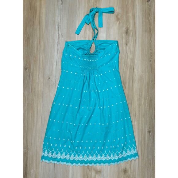 Vintage Tocca Mini Dress sz 2 Blue Embroidered Tie Neck - Picture 10 of 14